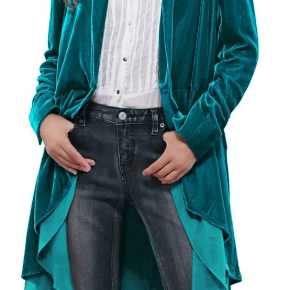 R.Vivimos Womens Ruffled Asymmetric Long Velvet Blazer Sz